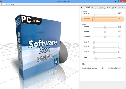 Screenshot showing the perspective controls in 3D Box Shot Pro.